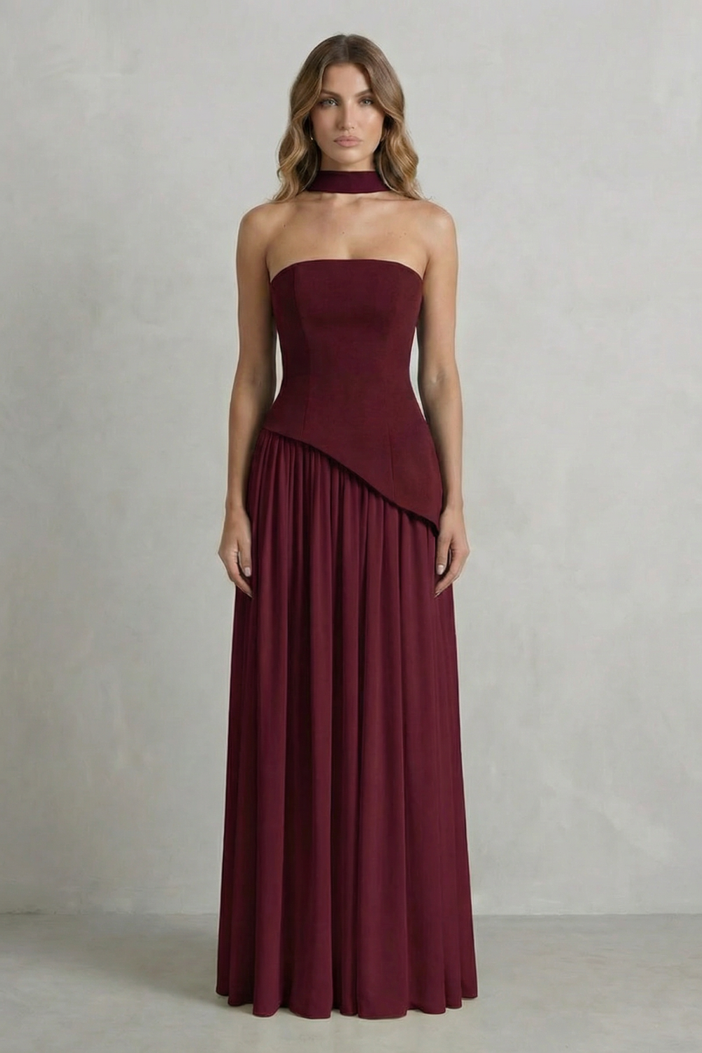 Sculpted Draped Slit Strapless Maxi Dress for Evening Events