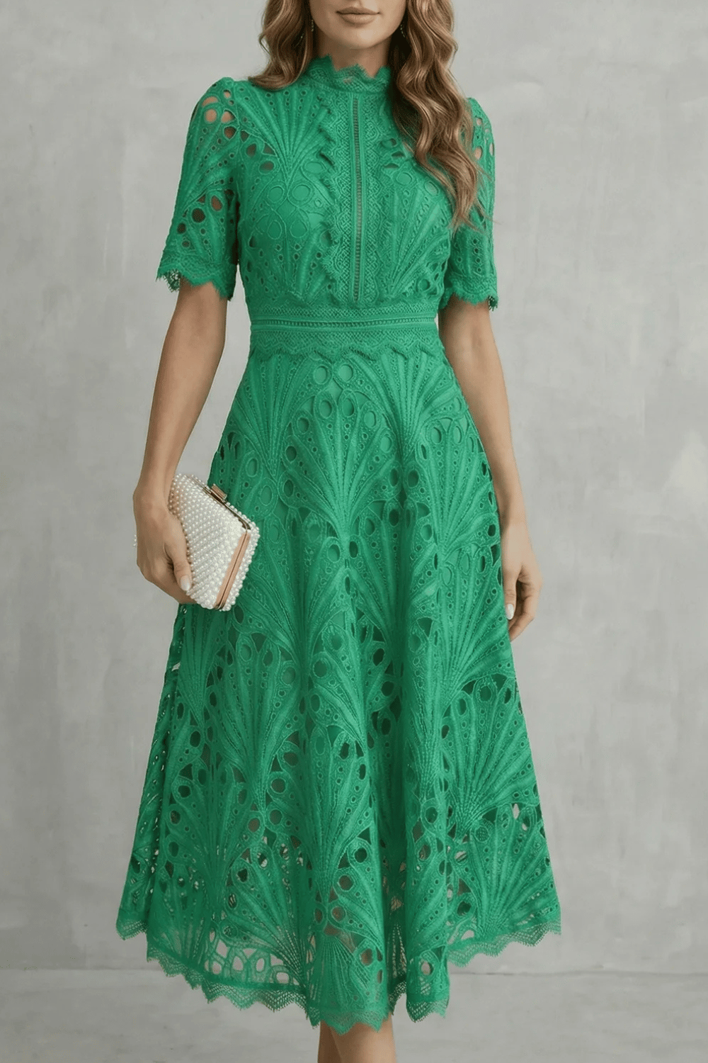 Lace High-Neck Midi Dress with Ornate Detailing for Formal Events