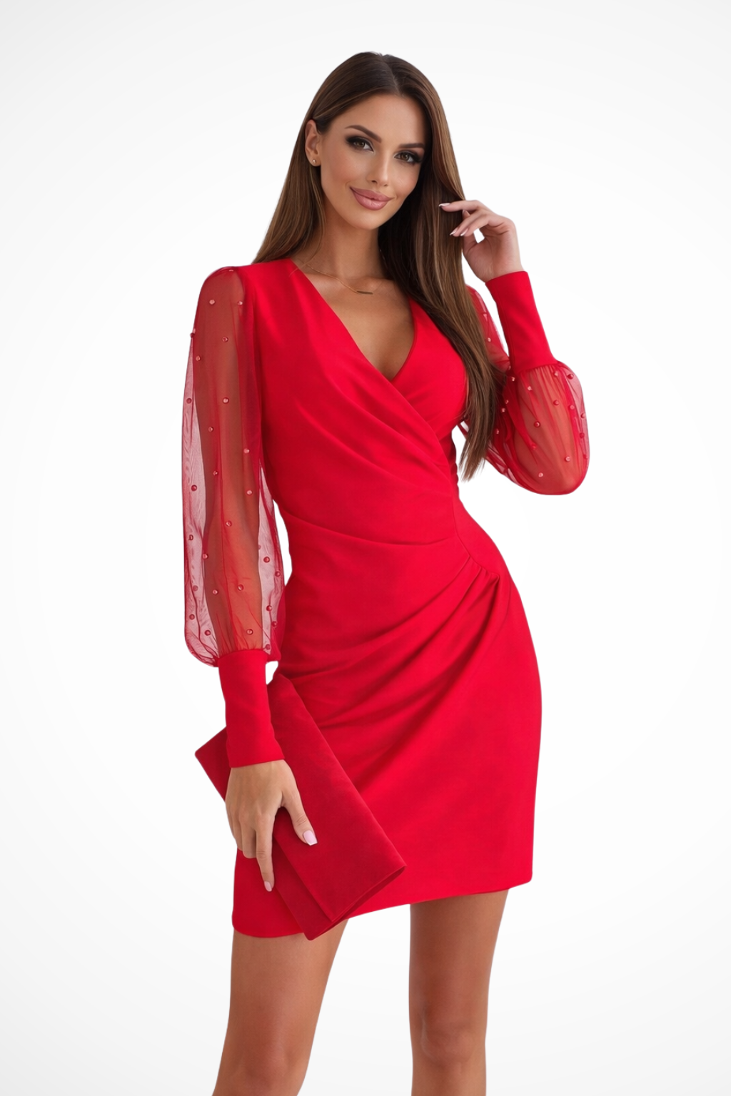 Chiffon Sleeve V Neck Mini Dress for Women - Elegant Wrap Style for Casual or Party Wear