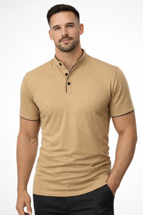 Collarless Short Sleeve Polo Shirt for Men - Lightweight Cotton Blend - Casual Wear - Available in Multiple Colors
