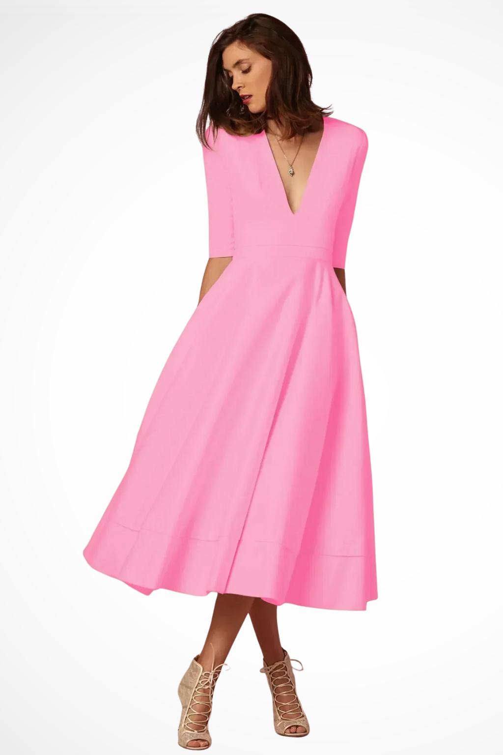 Deep V Neck Half Sleeve Fitted Flared Midi Dress for Women - Elegant Casual Wear in Soft Fabric