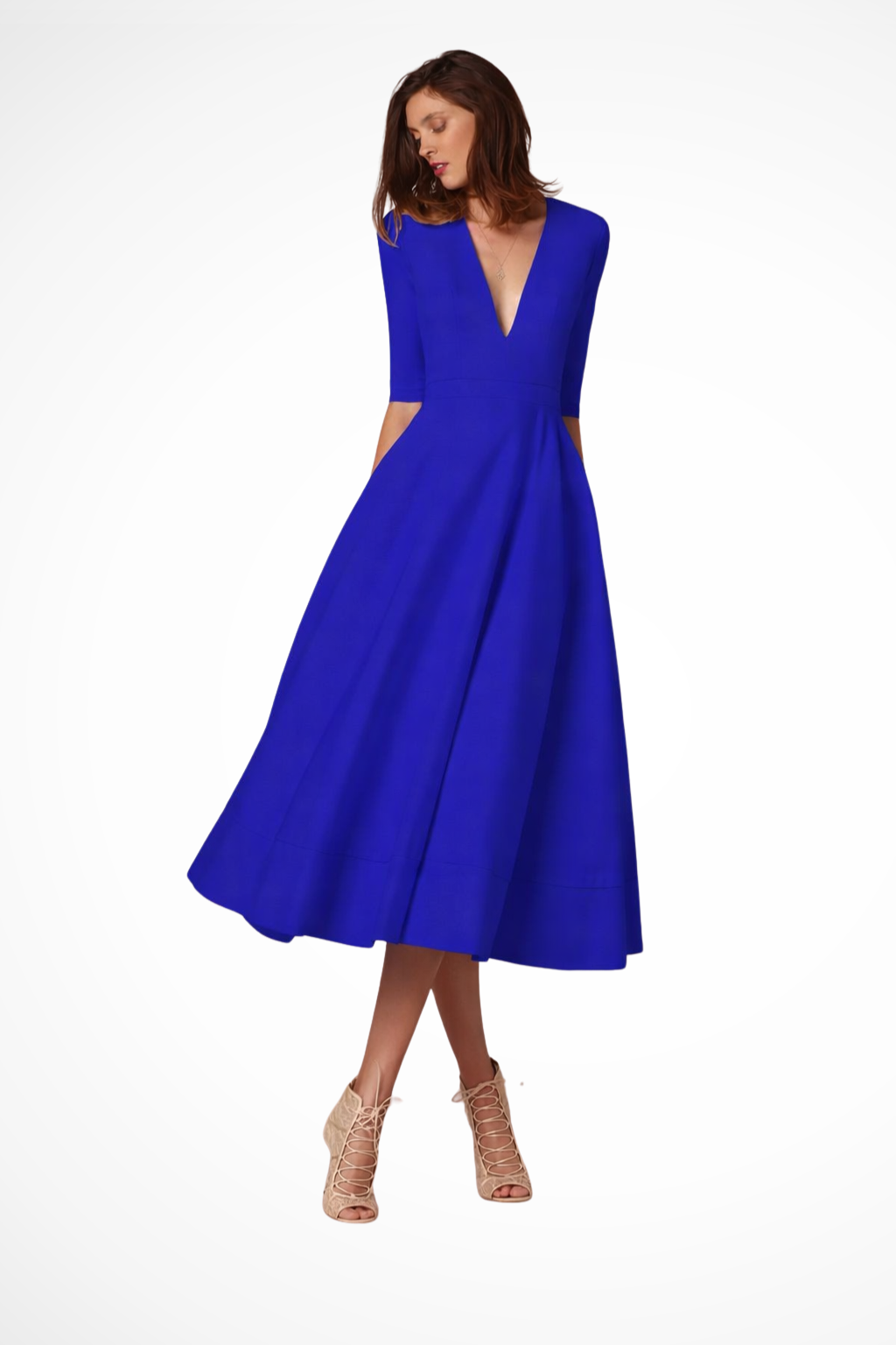 Deep V Neck Half Sleeve Fitted Flared Midi Dress for Women - Elegant Casual Wear in Soft Fabric