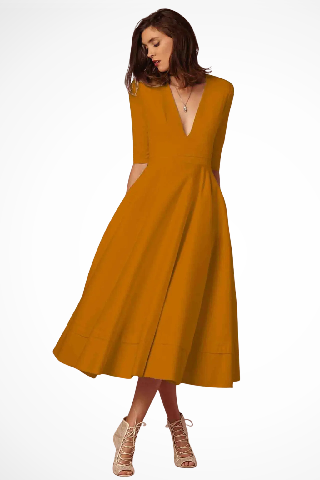 Deep V Neck Half Sleeve Fitted Flared Midi Dress for Women - Elegant Casual Wear in Soft Fabric