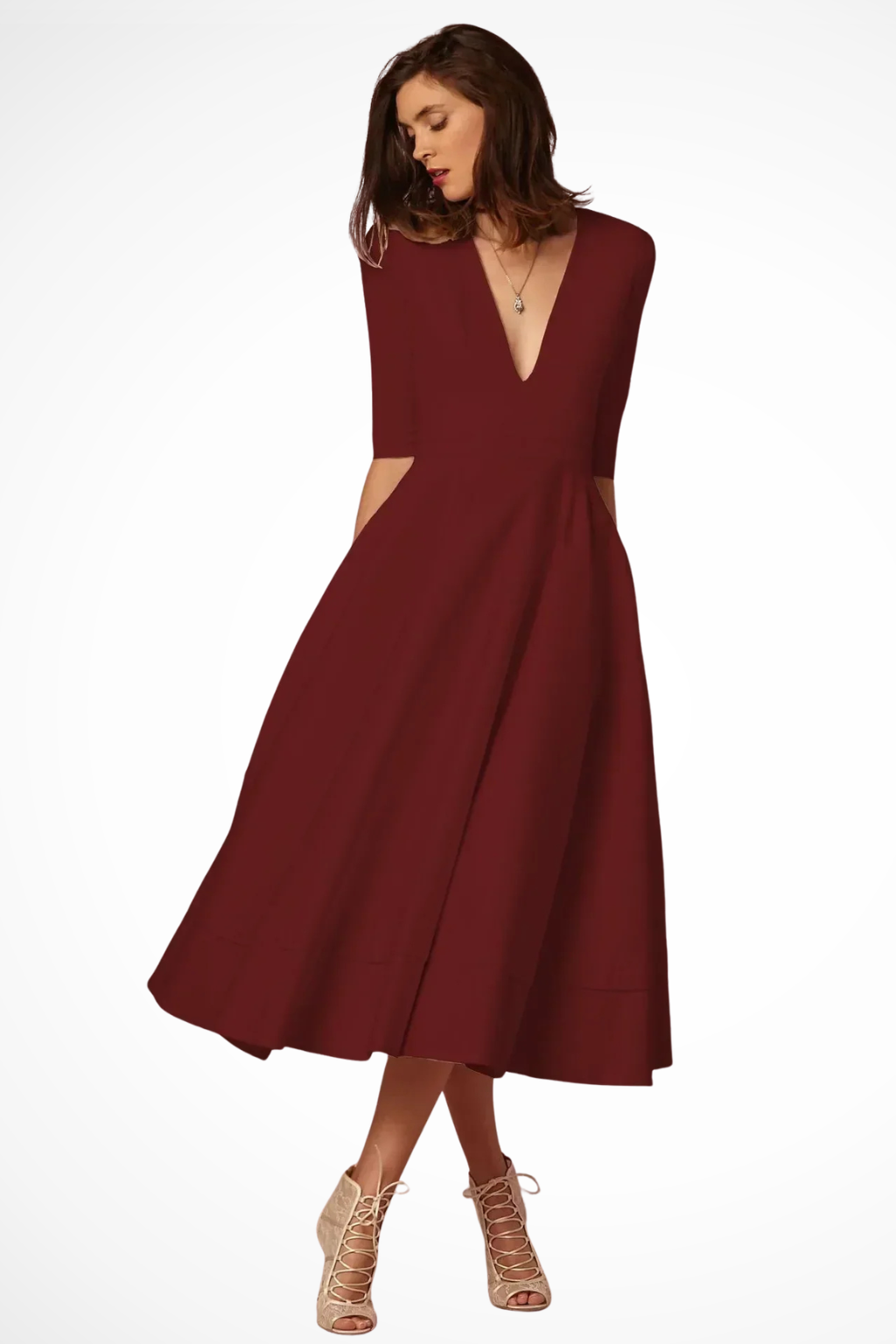 Deep V Neck Half Sleeve Fitted Flared Midi Dress for Women - Elegant Casual Wear in Soft Fabric
