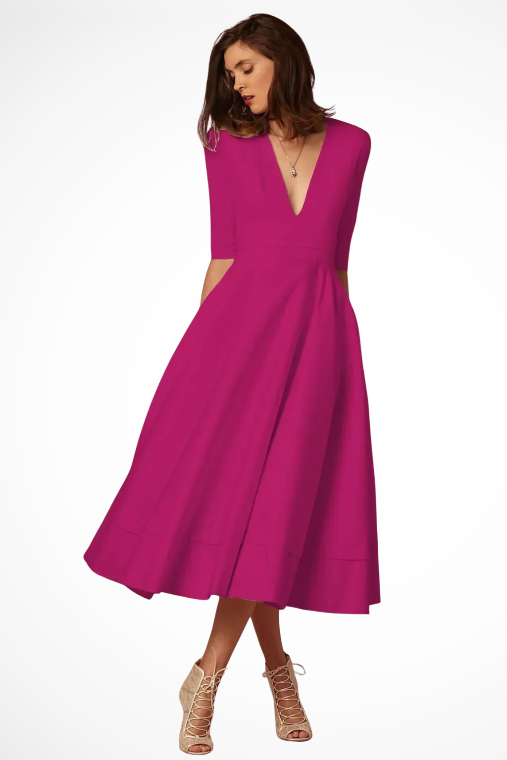 Deep V Neck Half Sleeve Fitted Flared Midi Dress for Women - Elegant Casual Wear in Soft Fabric