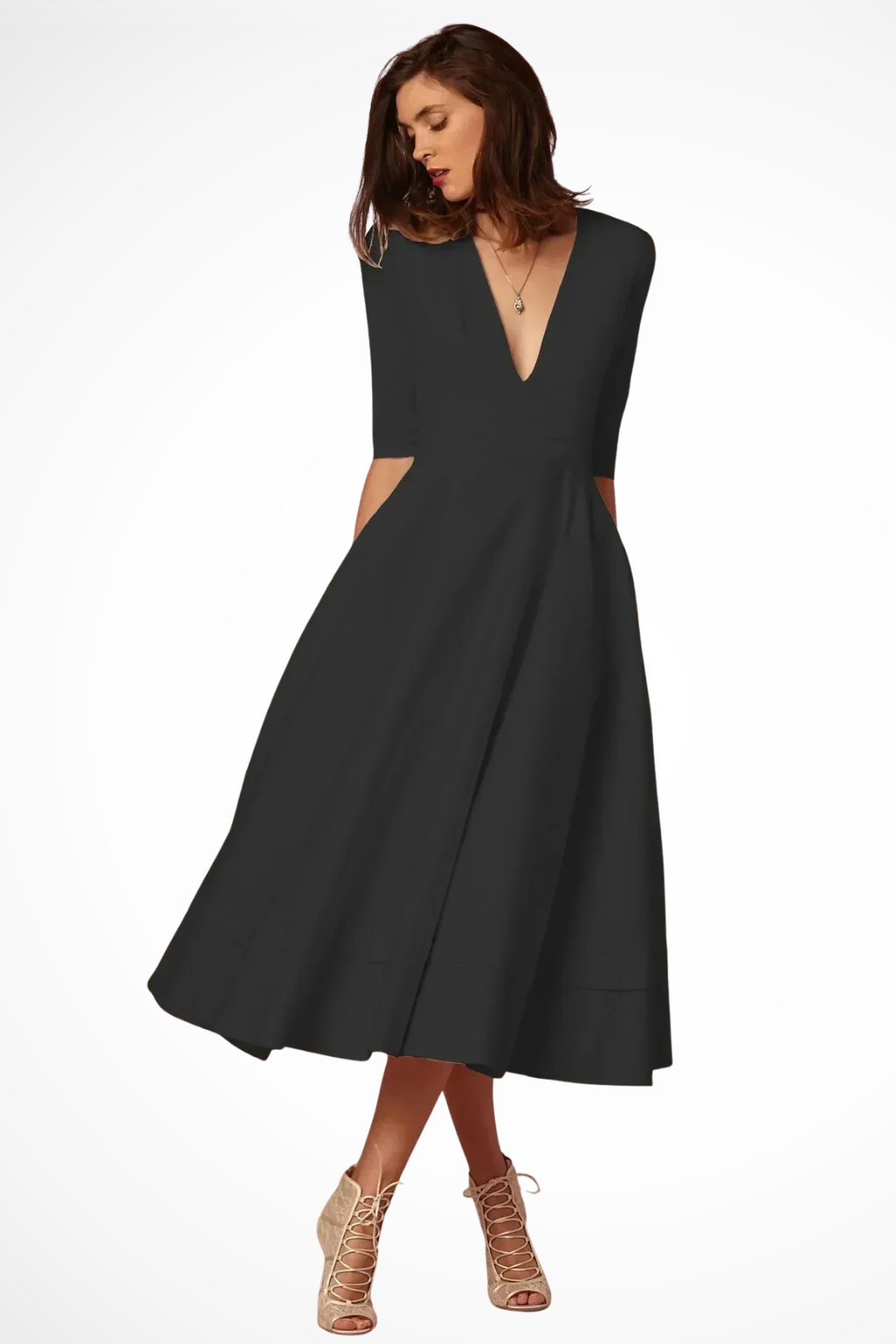 Deep V Neck Half Sleeve Fitted Flared Midi Dress for Women - Elegant Casual Wear in Soft Fabric