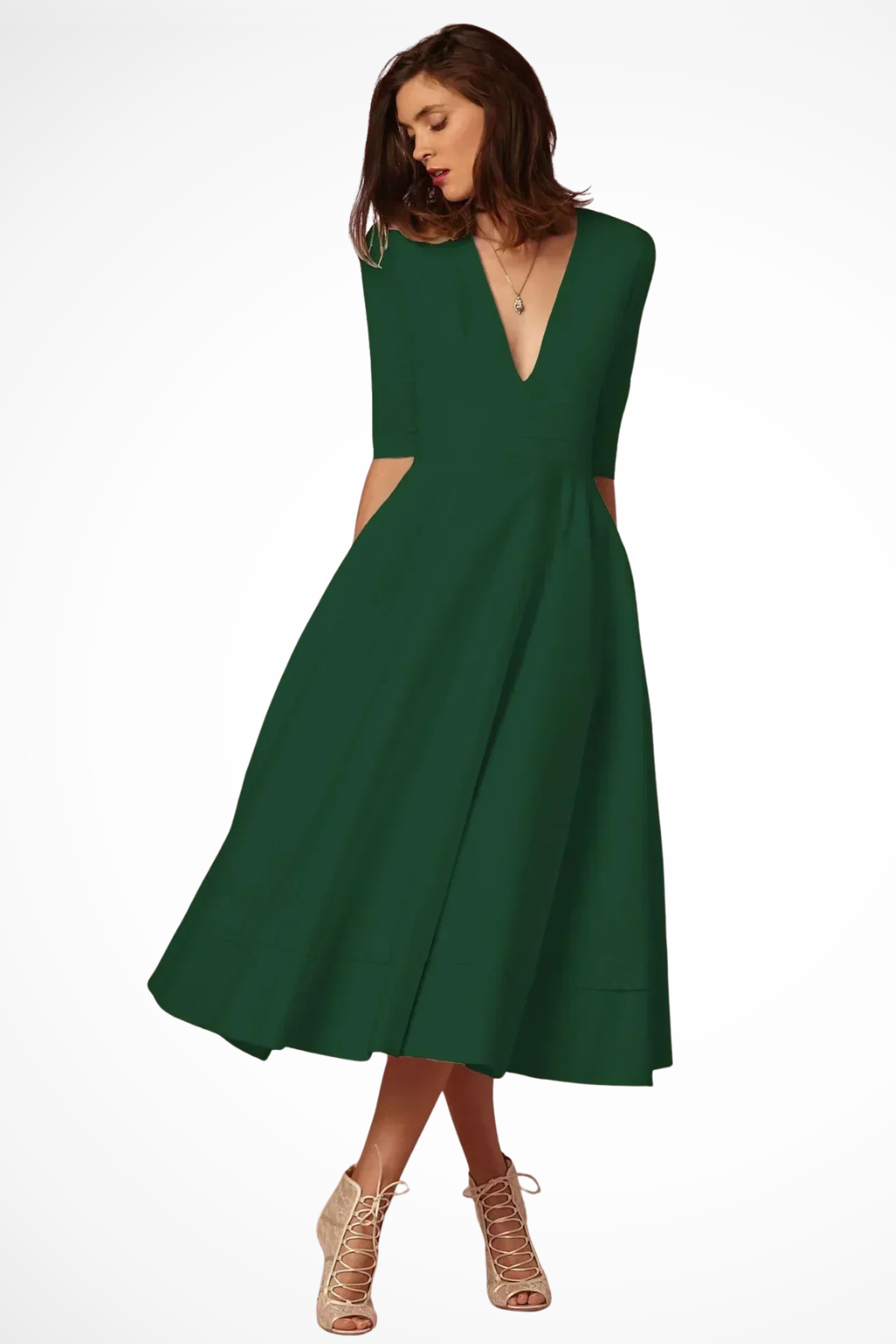 Deep V Neck Half Sleeve Fitted Flared Midi Dress for Women - Elegant Casual Wear in Soft Fabric