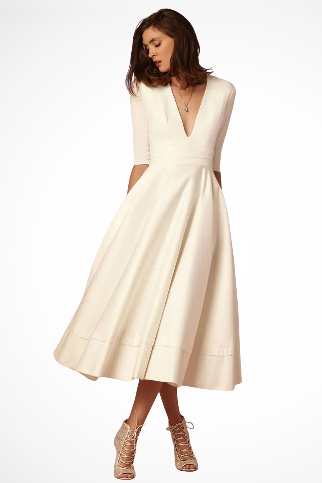 Deep V Neck Half Sleeve Fitted Flared Midi Dress for Women - Elegant Casual Wear in Soft Fabric