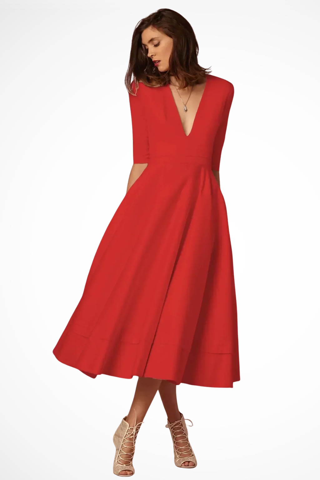 Deep V Neck Half Sleeve Fitted Flared Midi Dress for Women - Elegant Casual Wear in Soft Fabric