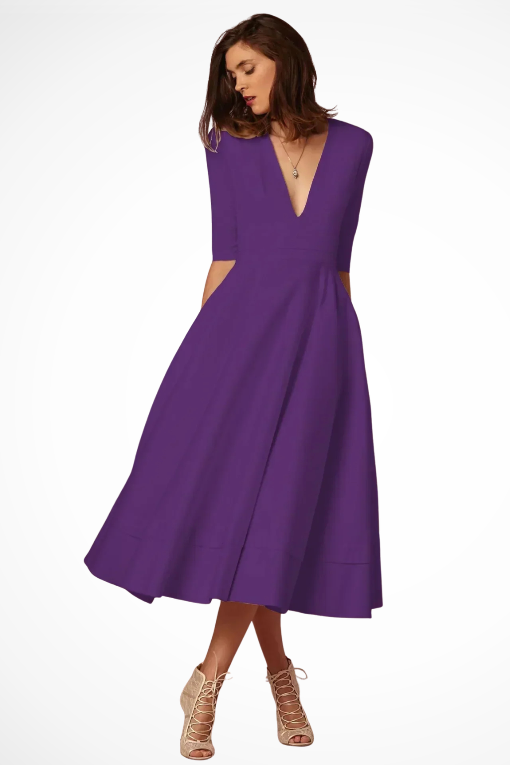 Deep V Neck Half Sleeve Fitted Flared Midi Dress for Women - Elegant Casual Wear in Soft Fabric