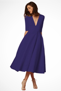 Deep V Neck Half Sleeve Fitted Flared Midi Dress for Women - Elegant Casual Wear in Soft Fabric