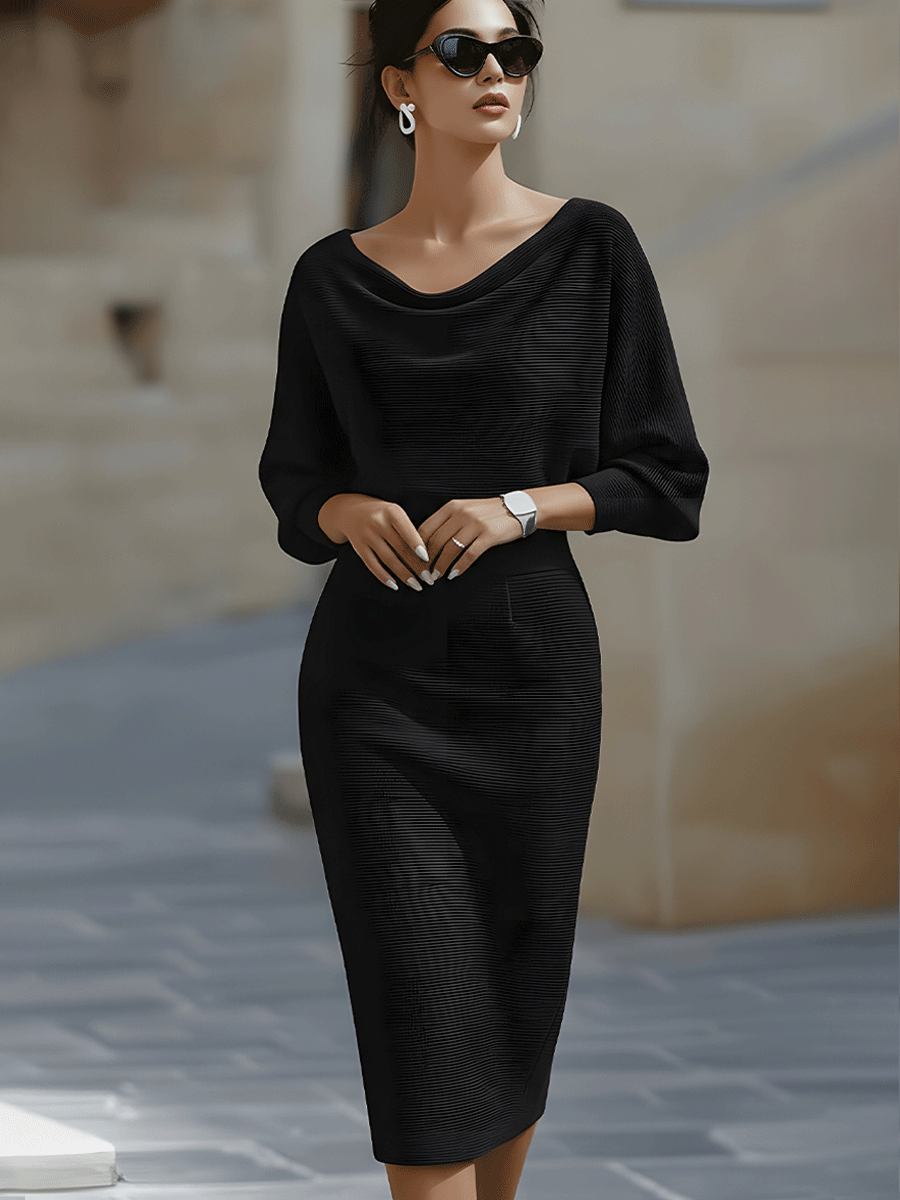 Draped Batwing Sleeve Midi Dress for Women | Elegant Lightweight Fabric | Perfect for Parties and Special Occasions