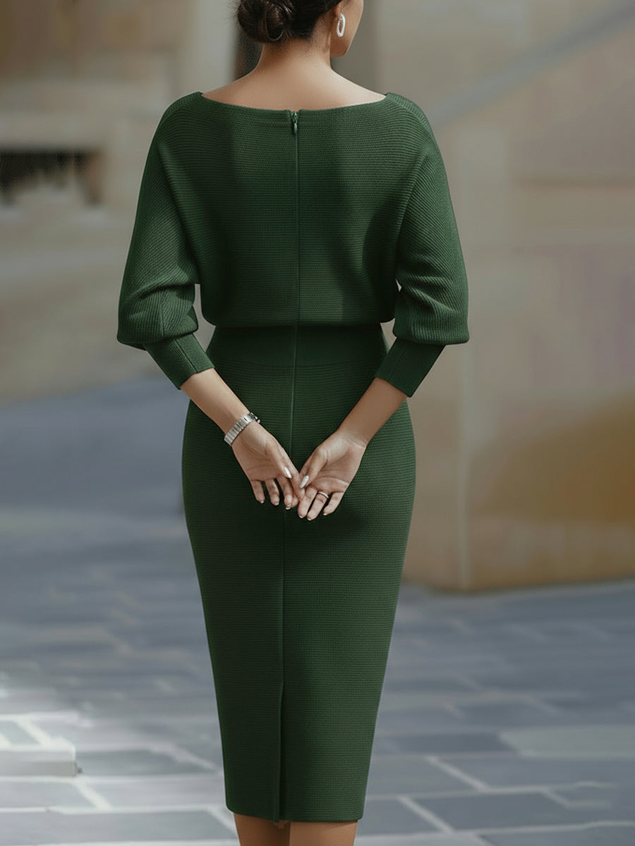 Draped Batwing Sleeve Midi Dress for Women | Elegant Lightweight Fabric | Perfect for Parties and Special Occasions
