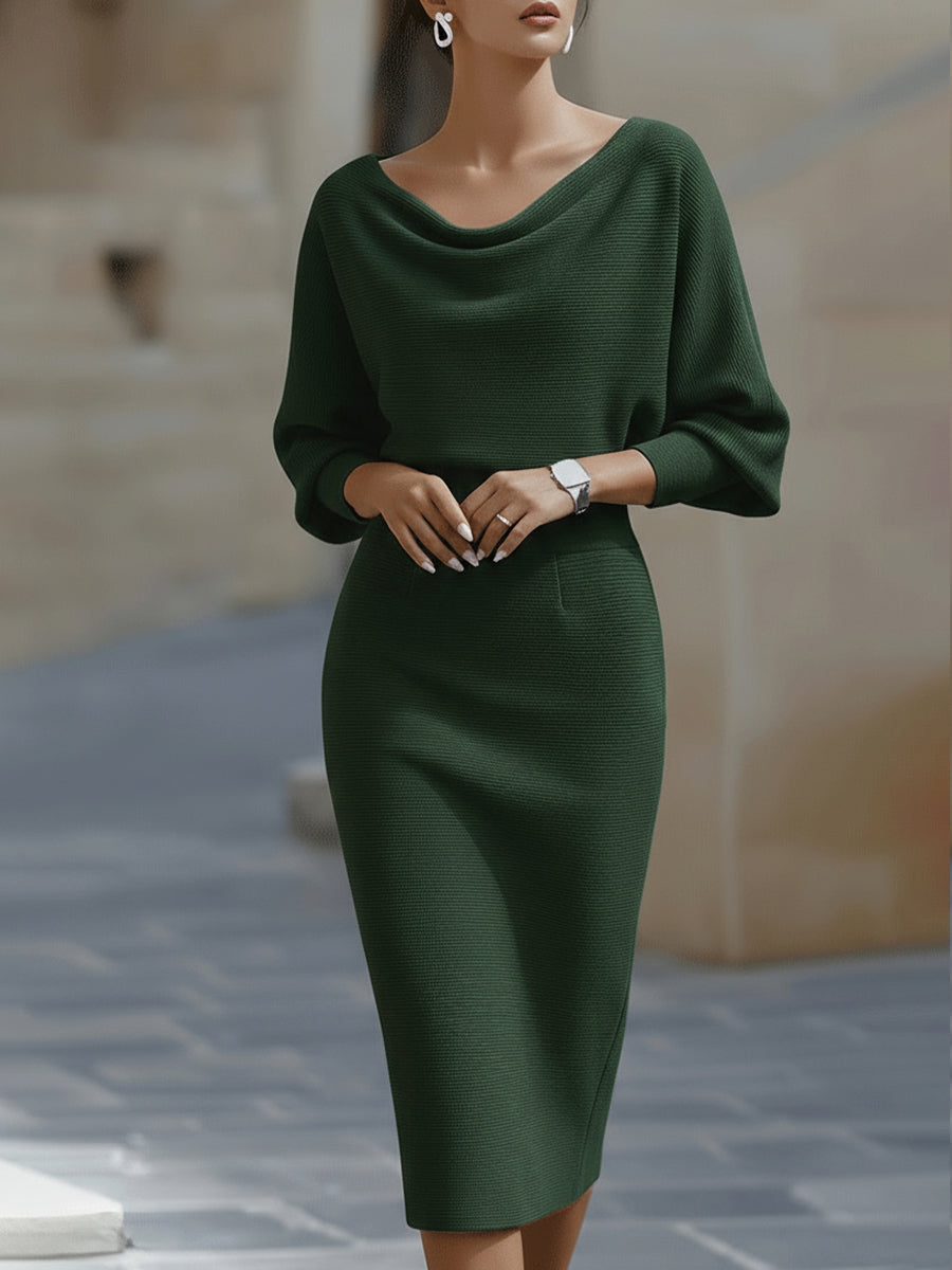 Draped Batwing Sleeve Midi Dress for Women | Elegant Lightweight Fabric | Perfect for Parties and Special Occasions