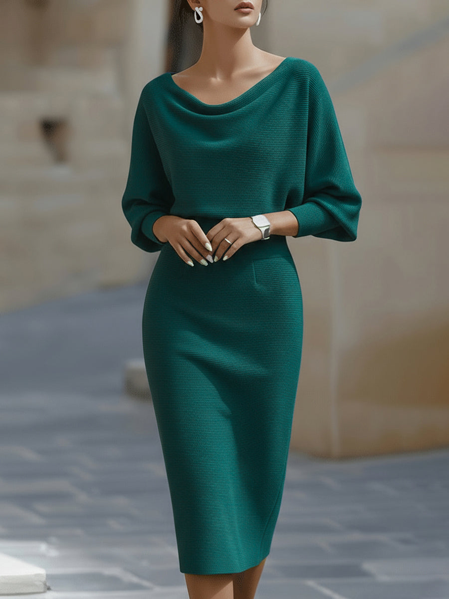 Draped Batwing Sleeve Midi Dress for Women | Elegant Lightweight Fabric | Perfect for Parties and Special Occasions