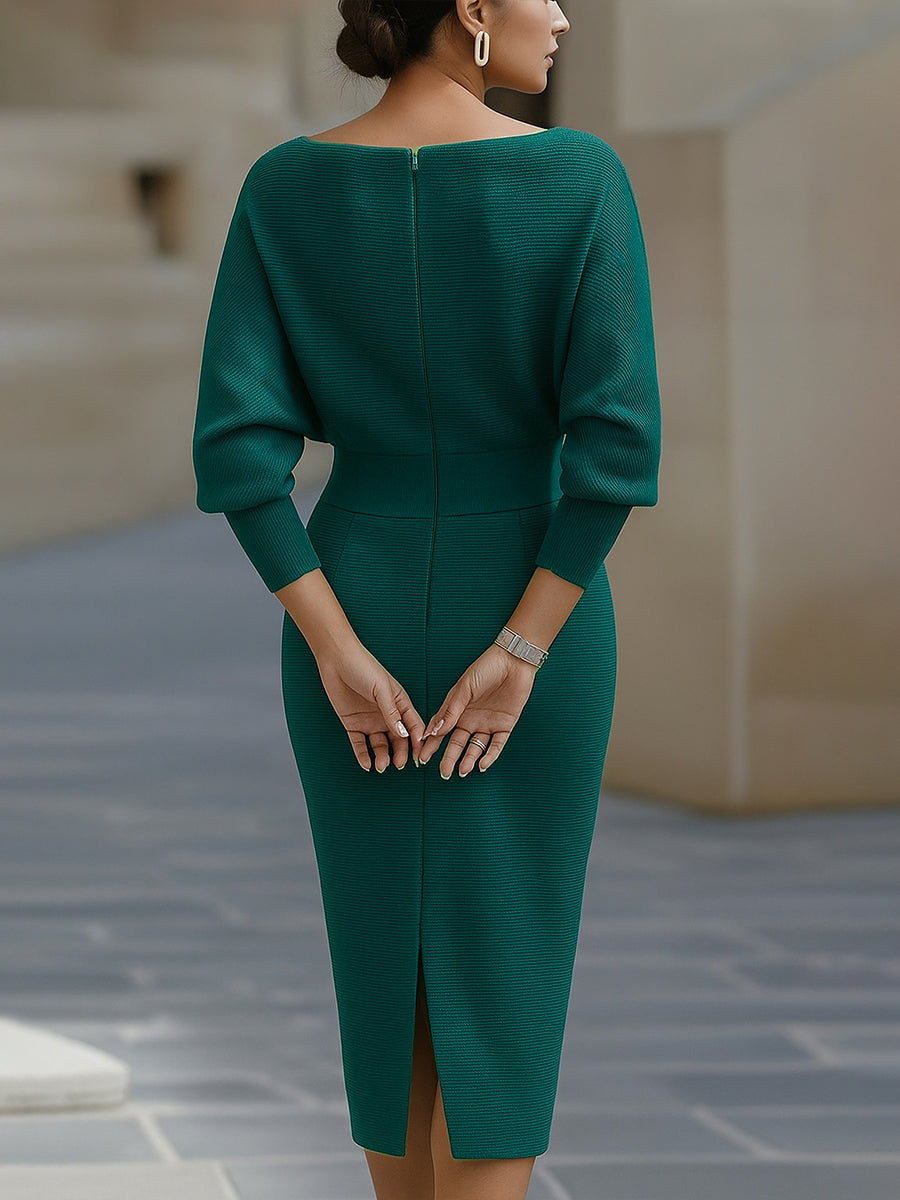 Draped Batwing Sleeve Midi Dress for Women | Elegant Lightweight Fabric | Perfect for Parties and Special Occasions