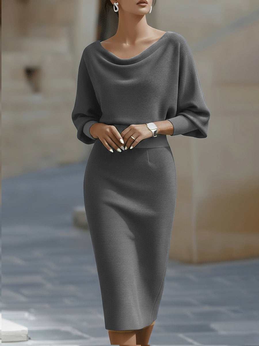 Draped Batwing Sleeve Midi Dress for Women | Elegant Lightweight Fabric | Perfect for Parties and Special Occasions