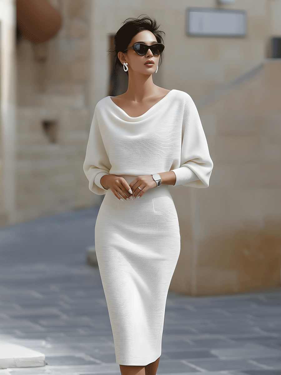 Draped Batwing Sleeve Midi Dress for Women | Elegant Lightweight Fabric | Perfect for Parties and Special Occasions
