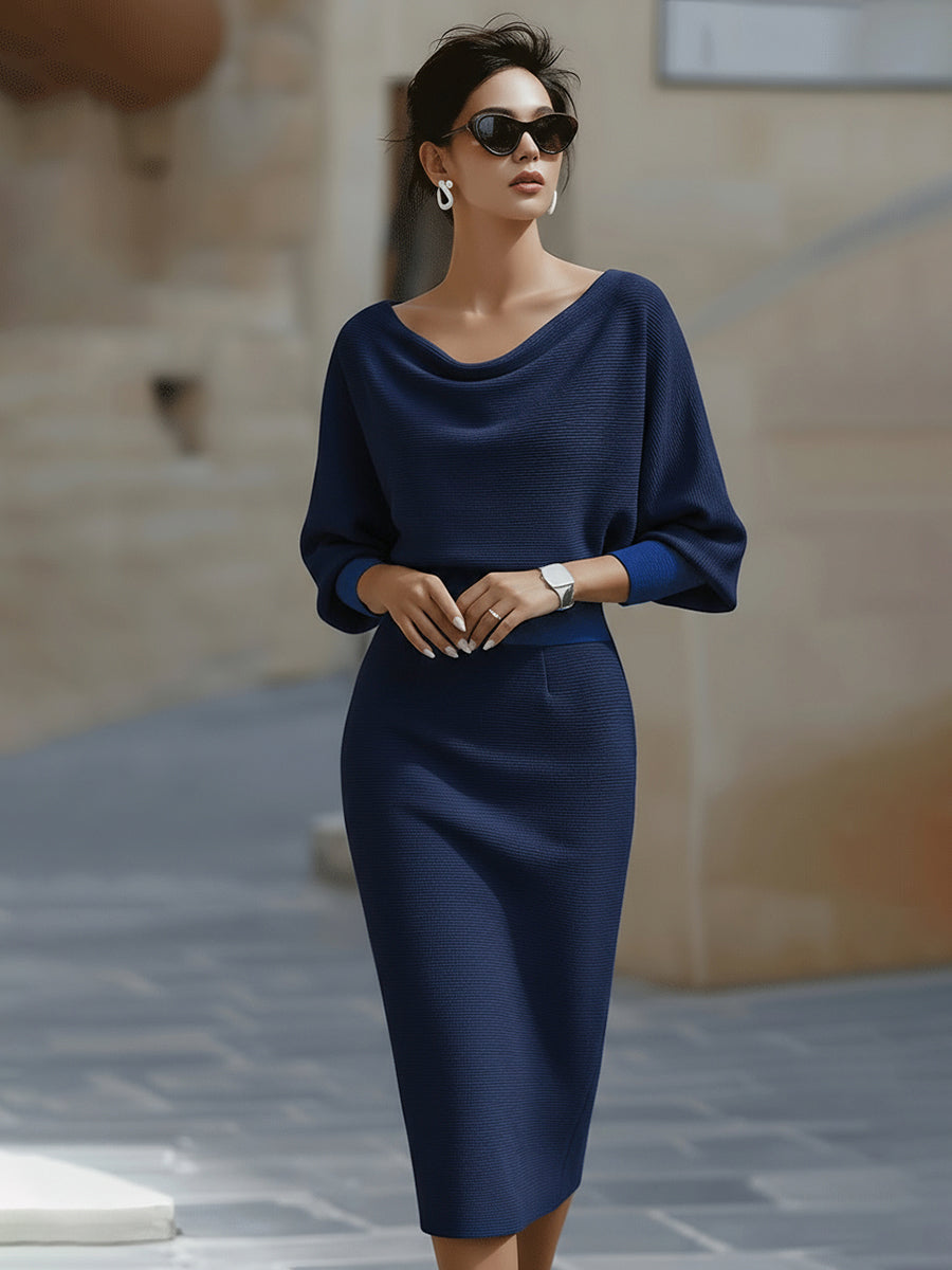Draped Batwing Sleeve Midi Dress for Women | Elegant Lightweight Fabric | Perfect for Parties and Special Occasions