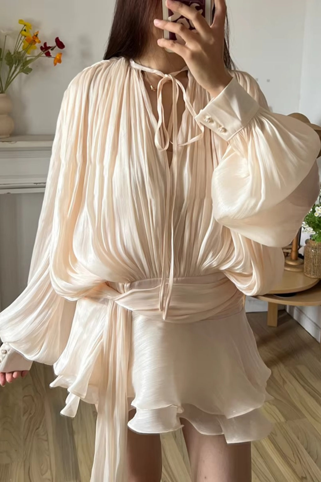 Elegant Long Sleeve Pleated Mini Dress for Women - Stylish Party or Casual Wear in Lightweight Fabric