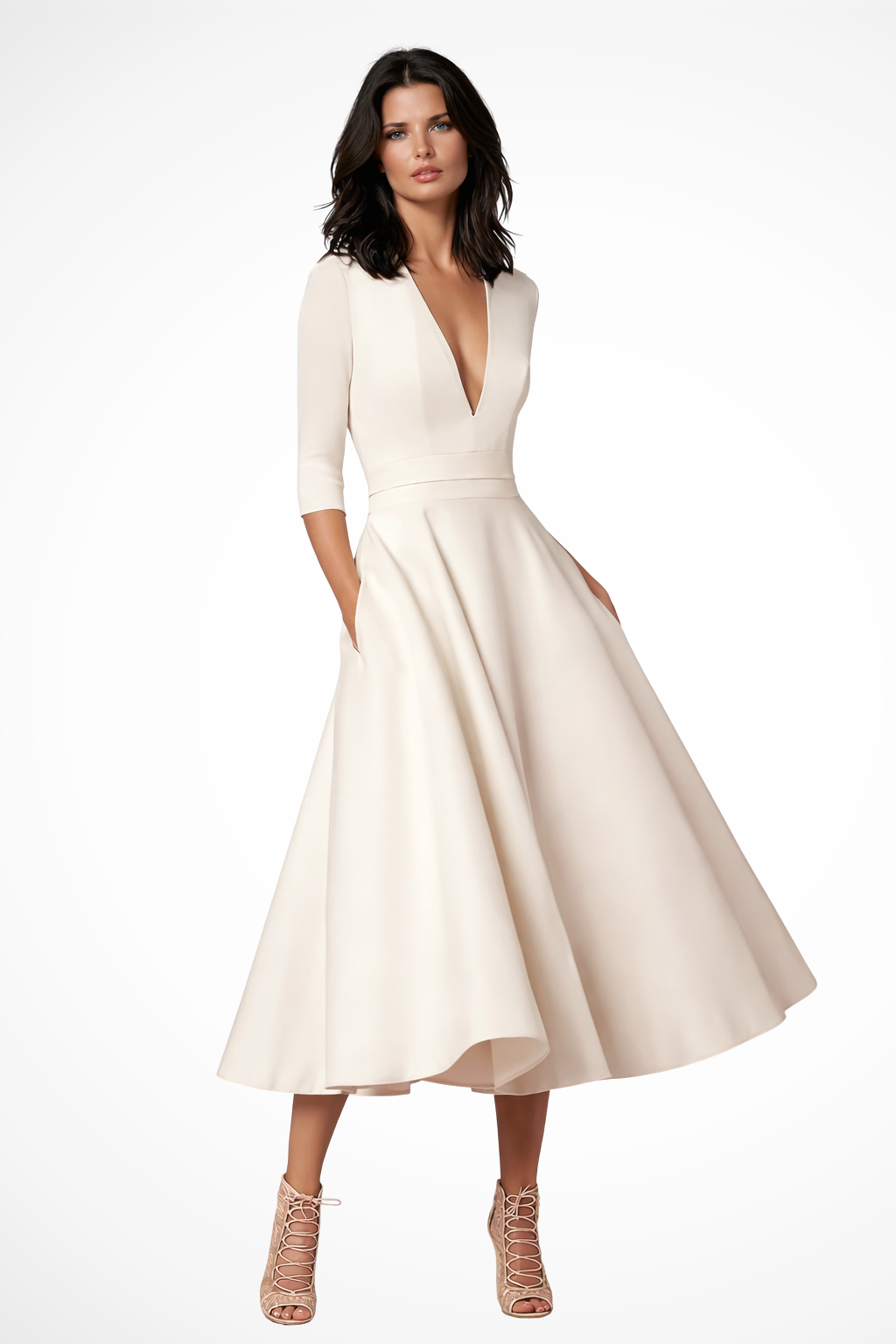 Flared Midi Dress for Women | V Neckline | Elegant Wedding Guest Attire | Comfortable Fabric | Available in Multiple Sizes