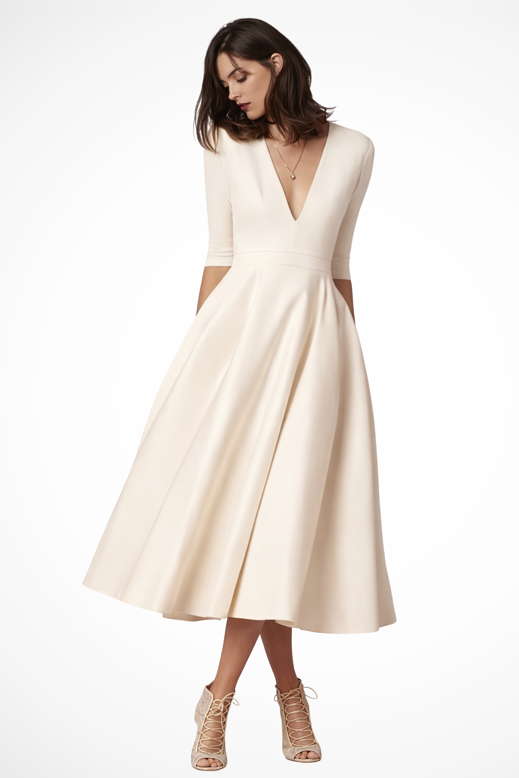 Flared Midi Dress for Women | V Neckline | Elegant Wedding Guest Attire | Comfortable Fabric | Available in Multiple Sizes
