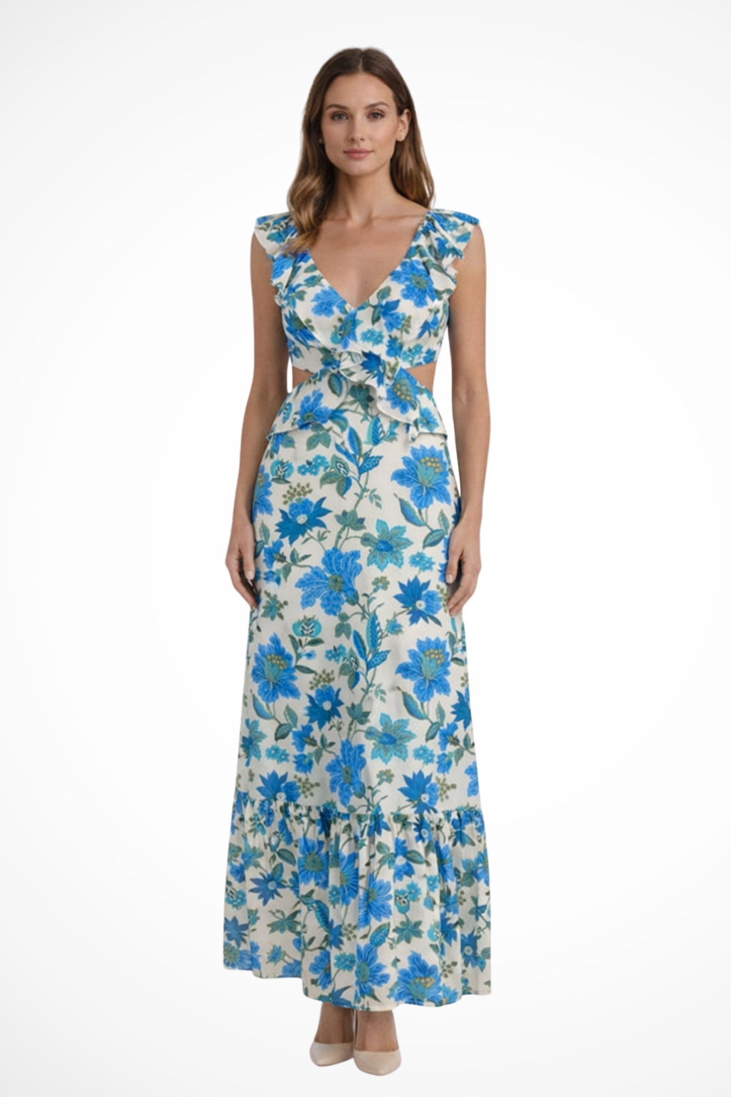 Floral Ruffle Maxi Dress for Women | V Neck Design | Perfect for Casual or Formal Occasions | Lightweight Fabric