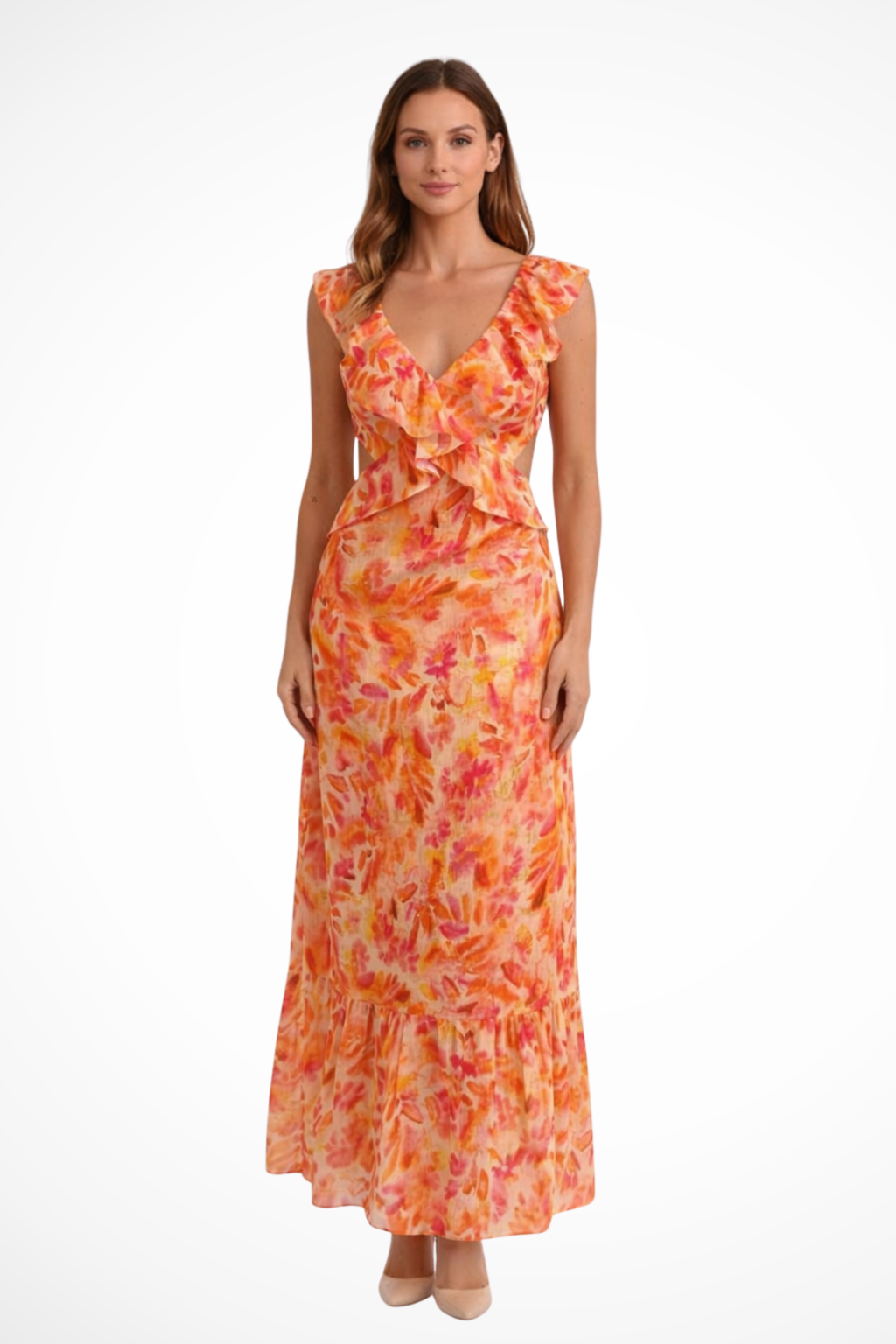 Floral Ruffle Maxi Dress for Women | V Neck Design | Perfect for Casual or Formal Occasions | Lightweight Fabric