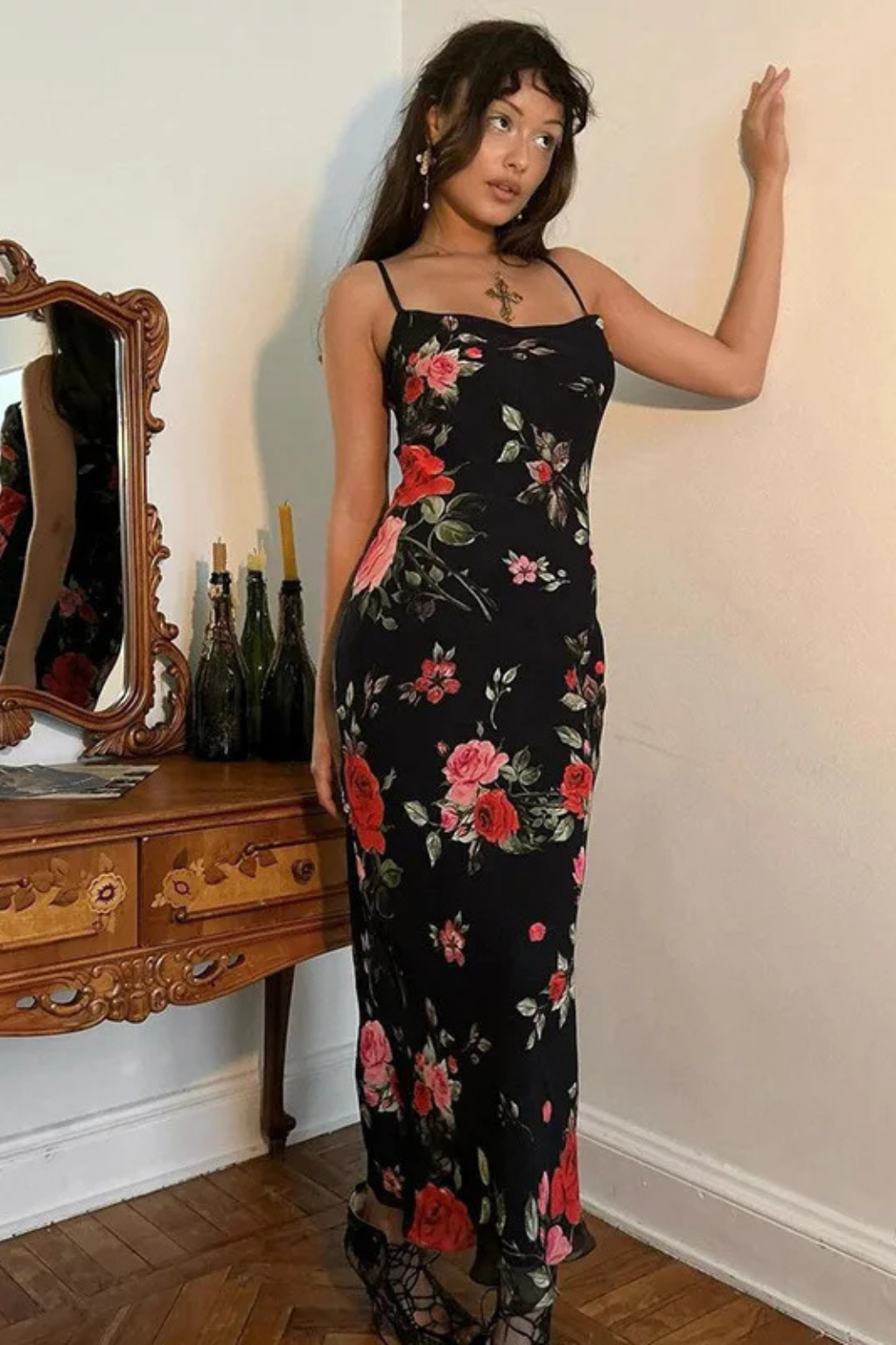 Floral Spaghetti Strap Maxi Dress | Lightweight Summer Wedding Gown for Women | Elegant Floral Print Design