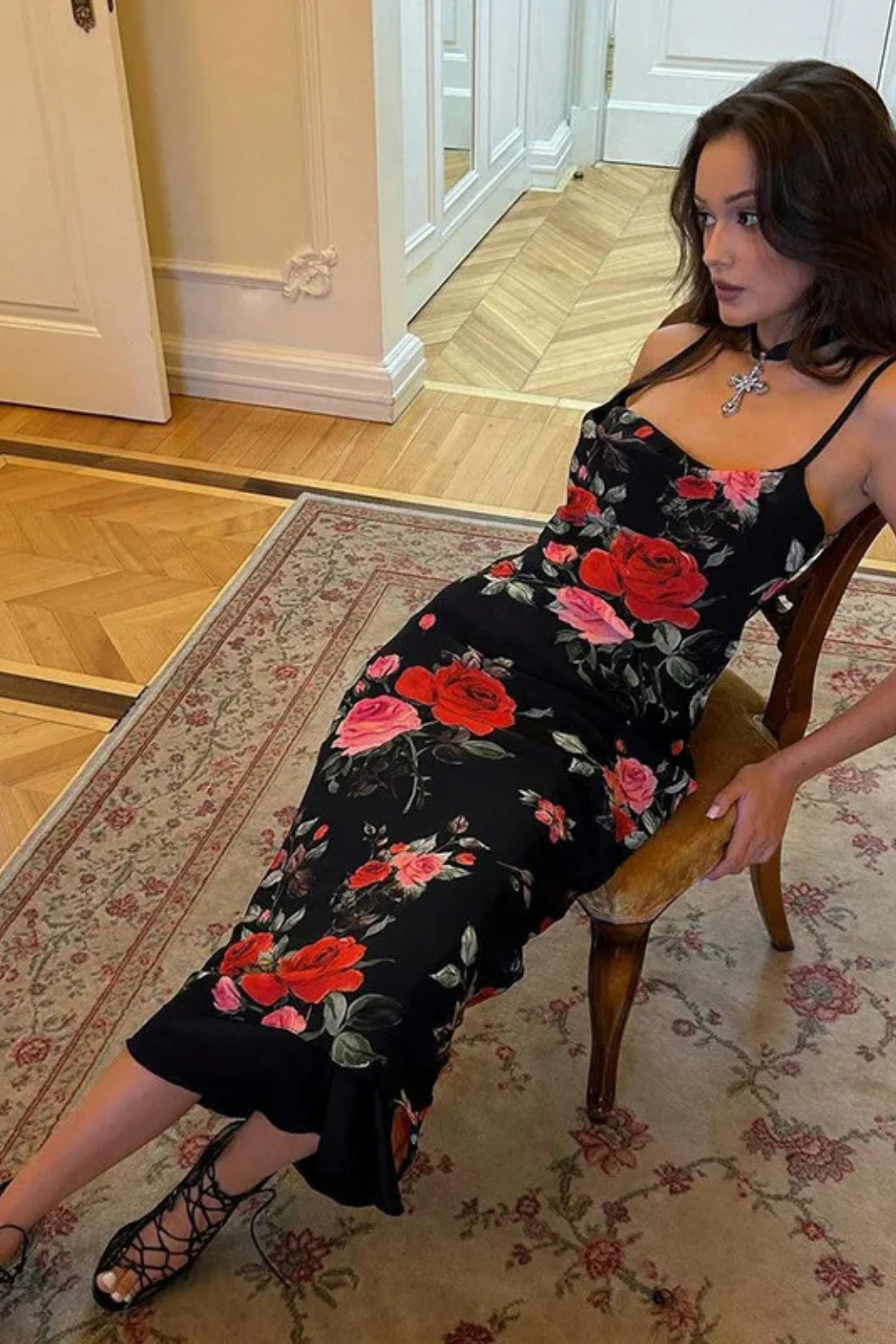 Floral Spaghetti Strap Maxi Dress | Lightweight Summer Wedding Gown for Women | Elegant Floral Print Design