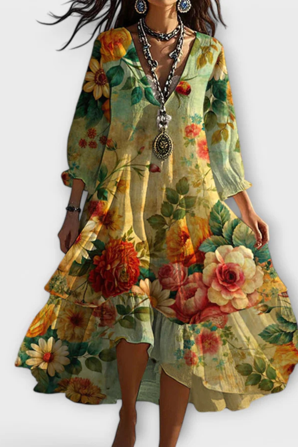 Floral V Neck Boho Summer Dress for Women - Lightweight Cotton Casual Midi Dress for Beach and Outdoor Events