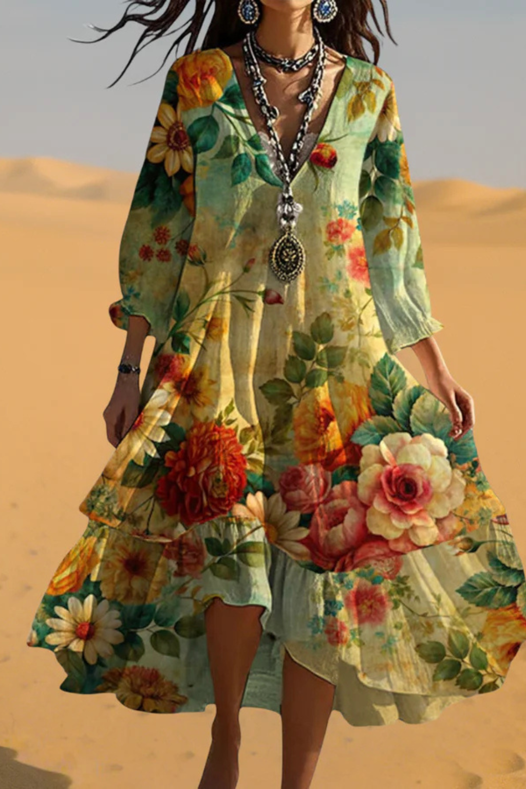 Floral V Neck Boho Summer Dress for Women - Lightweight Cotton Casual Midi Dress for Beach and Outdoor Events