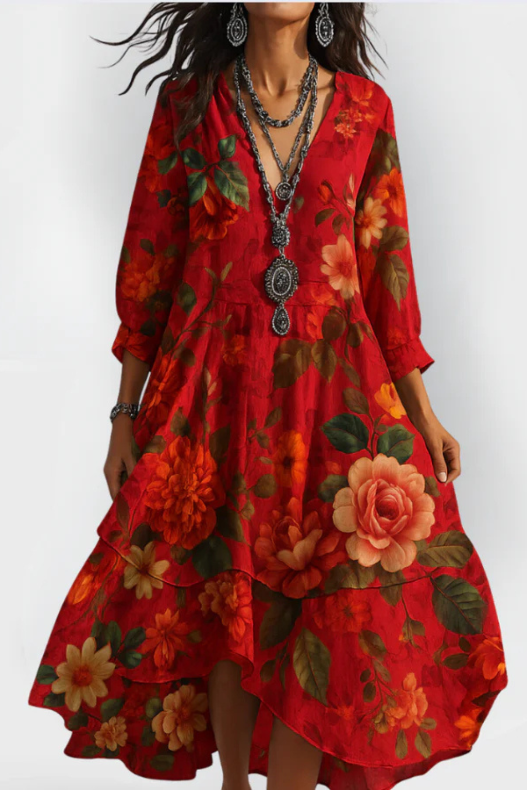 Floral V Neck Boho Summer Dress for Women - Lightweight Cotton Casual Midi Dress for Beach and Outdoor Events