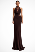 Halter Neck Lace Panel Maxi Dress for Women | Sleeveless Wedding Guest Attire