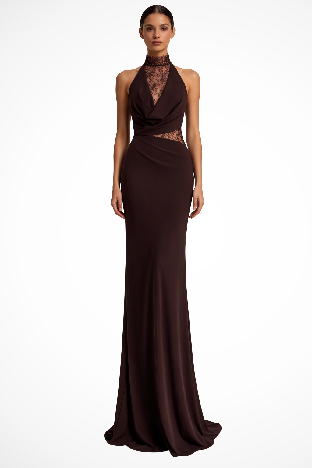 Halter Neck Lace Panel Maxi Dress for Women | Sleeveless Wedding Guest Attire