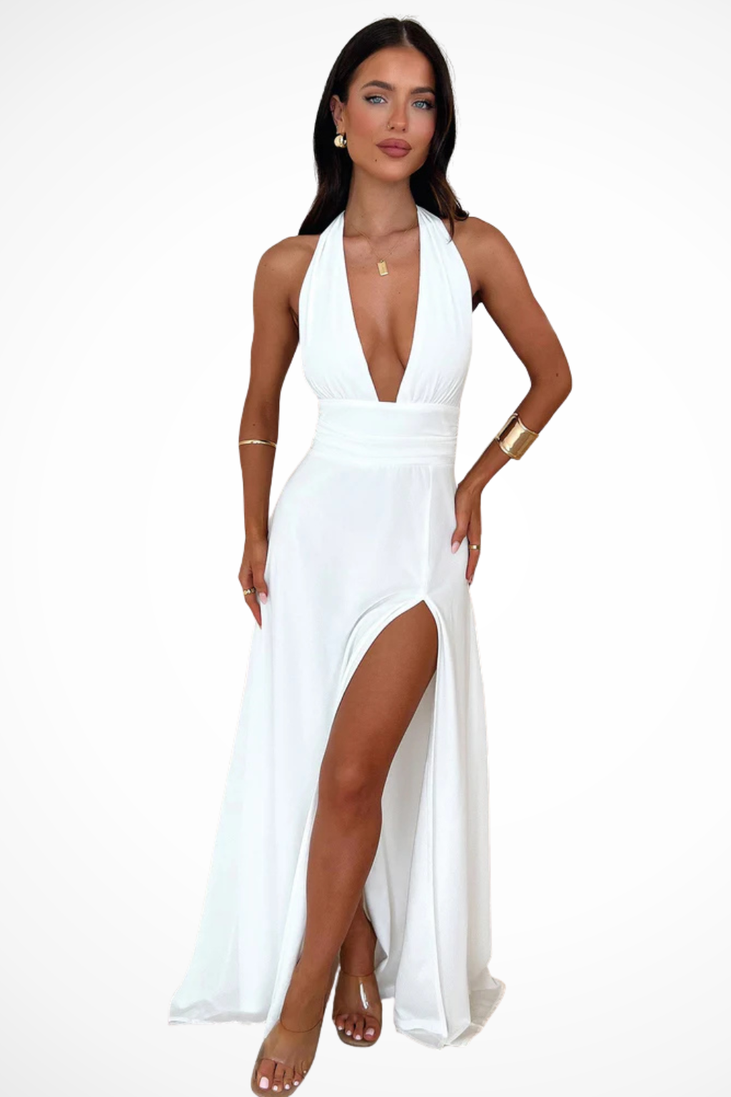 Halter Neck Maxi Dress for Women with Side Slit - Elegant Summer Evening Wear in Lightweight Fabric