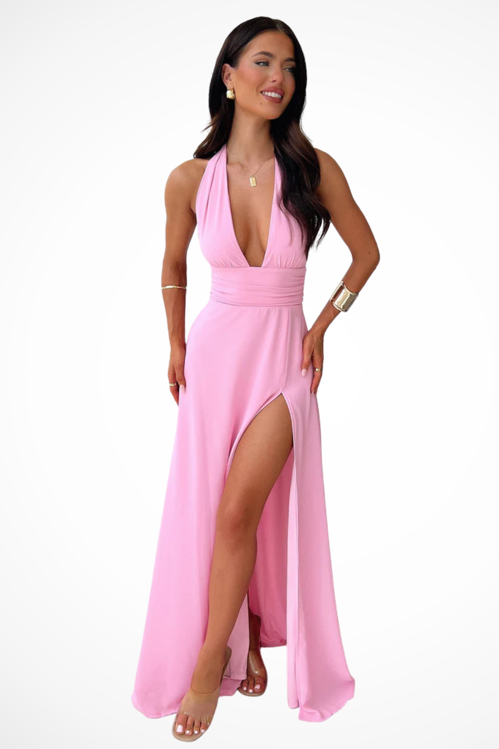 Halter Neck Maxi Dress for Women with Side Slit - Elegant Summer Evening Wear in Lightweight Fabric