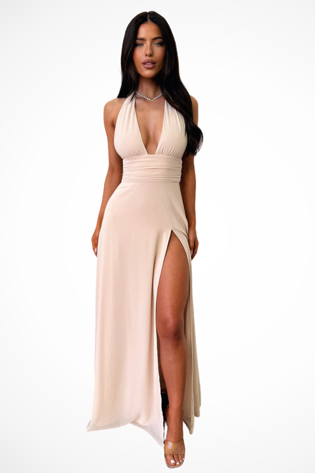 Halter Neck Maxi Dress for Women with Side Slit - Elegant Summer Evening Wear in Lightweight Fabric