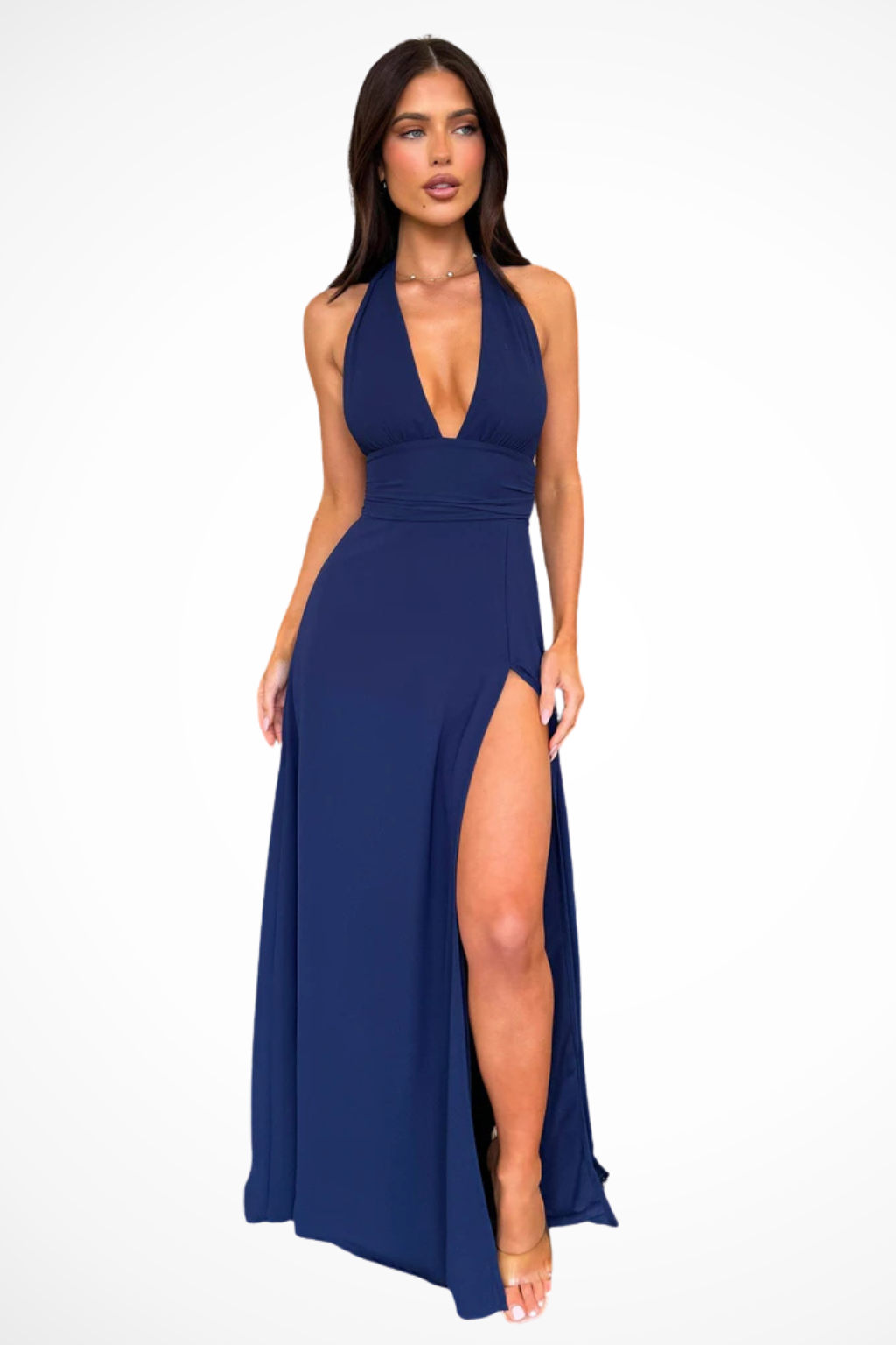 Halter Neck Maxi Dress for Women with Side Slit - Elegant Summer Evening Wear in Lightweight Fabric