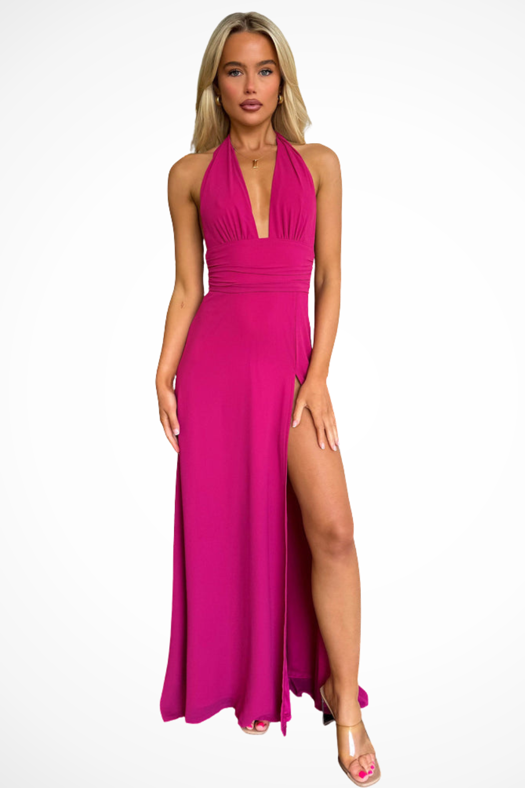 Halter Neck Maxi Dress for Women with Side Slit - Elegant Summer Evening Wear in Lightweight Fabric