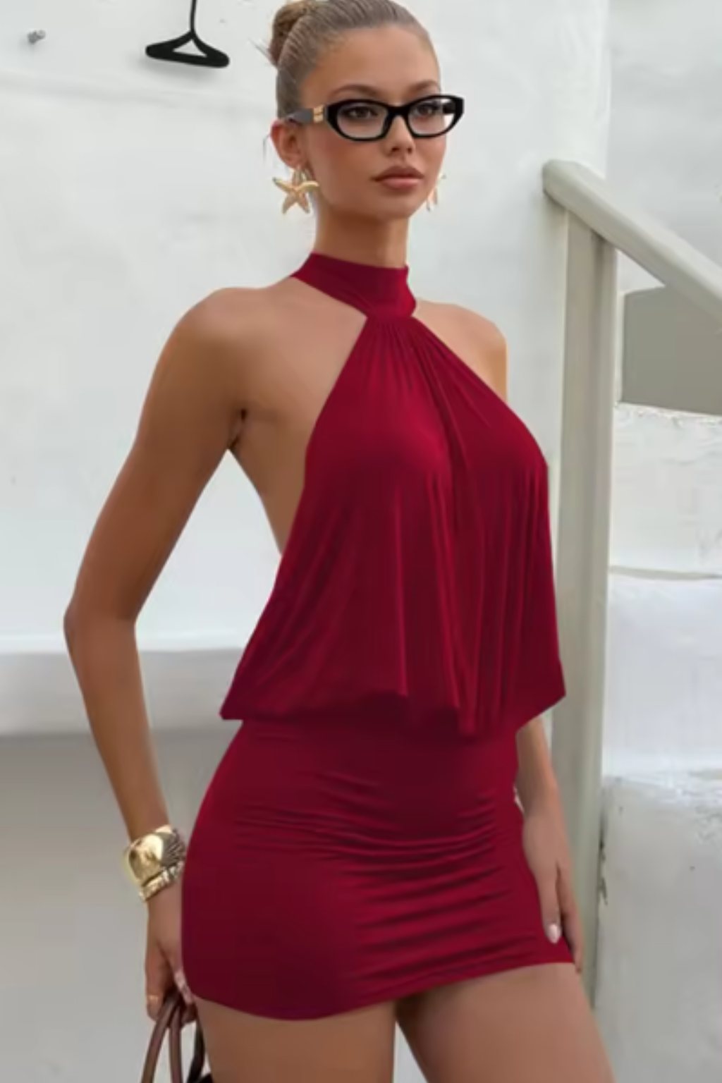 Halter Neck Ruched Backless Mini Dress for Women - Elegant Evening Wear in Soft Fabric