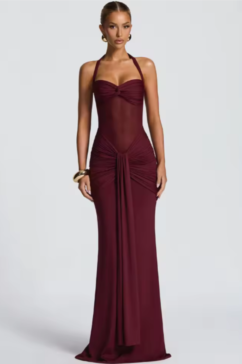 Halter Neck Ruched Maxi Dress for Women | Elegant Wedding Guest Attire | Lightweight Fabric | Formal Event Wear