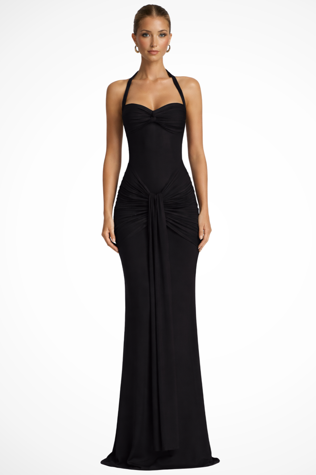 Halter Neck Ruched Maxi Dress for Women | Elegant Wedding Guest Attire | Lightweight Fabric | Formal Event Wear