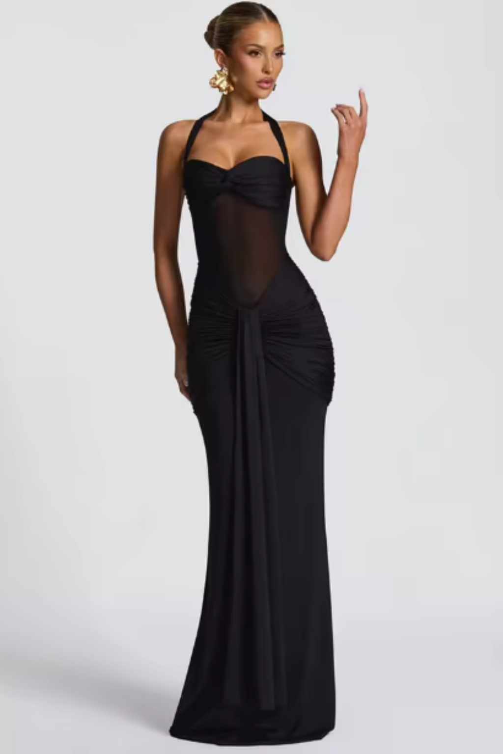 Halter Neck Ruched Maxi Dress for Women | Elegant Wedding Guest Attire | Lightweight Fabric | Formal Event Wear