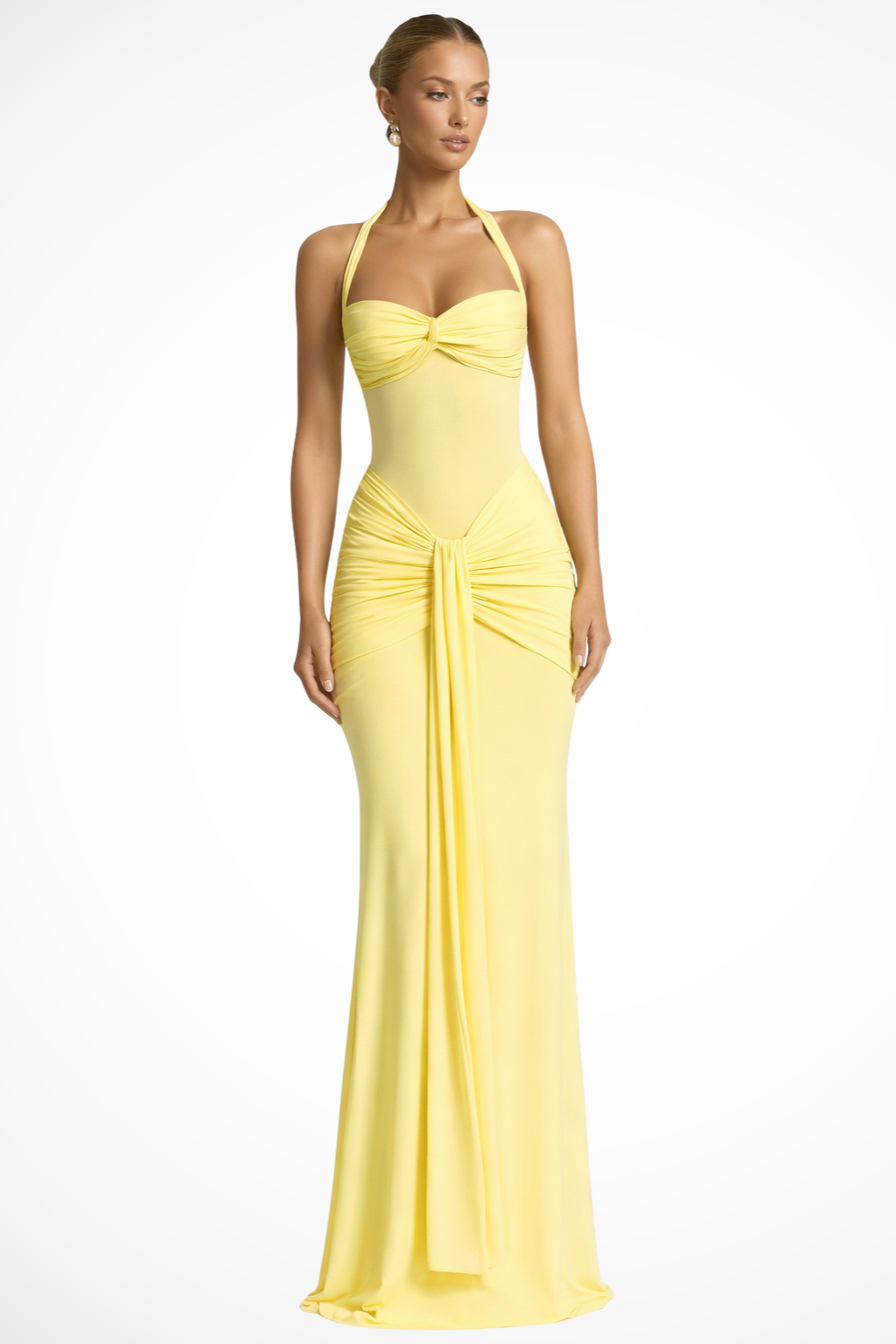 Halter Neck Ruched Maxi Dress for Women | Elegant Wedding Guest Attire | Lightweight Fabric | Formal Event Wear