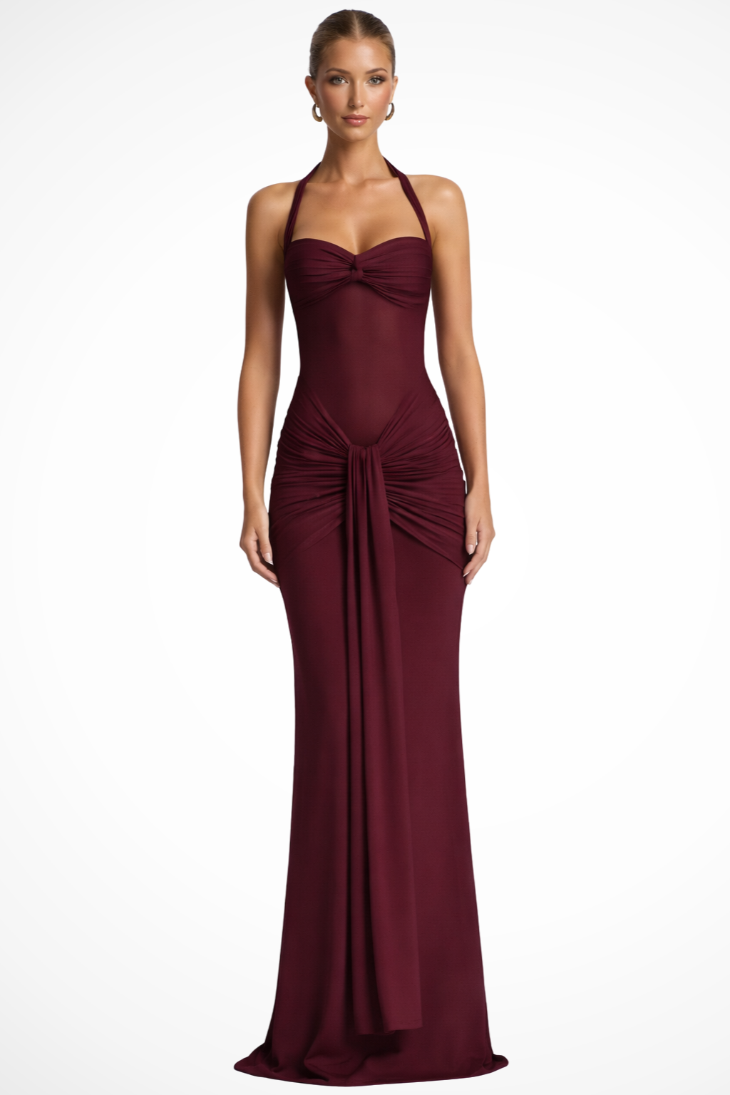 Halter Neck Ruched Maxi Dress for Women | Elegant Wedding Guest Attire | Lightweight Fabric | Formal Event Wear