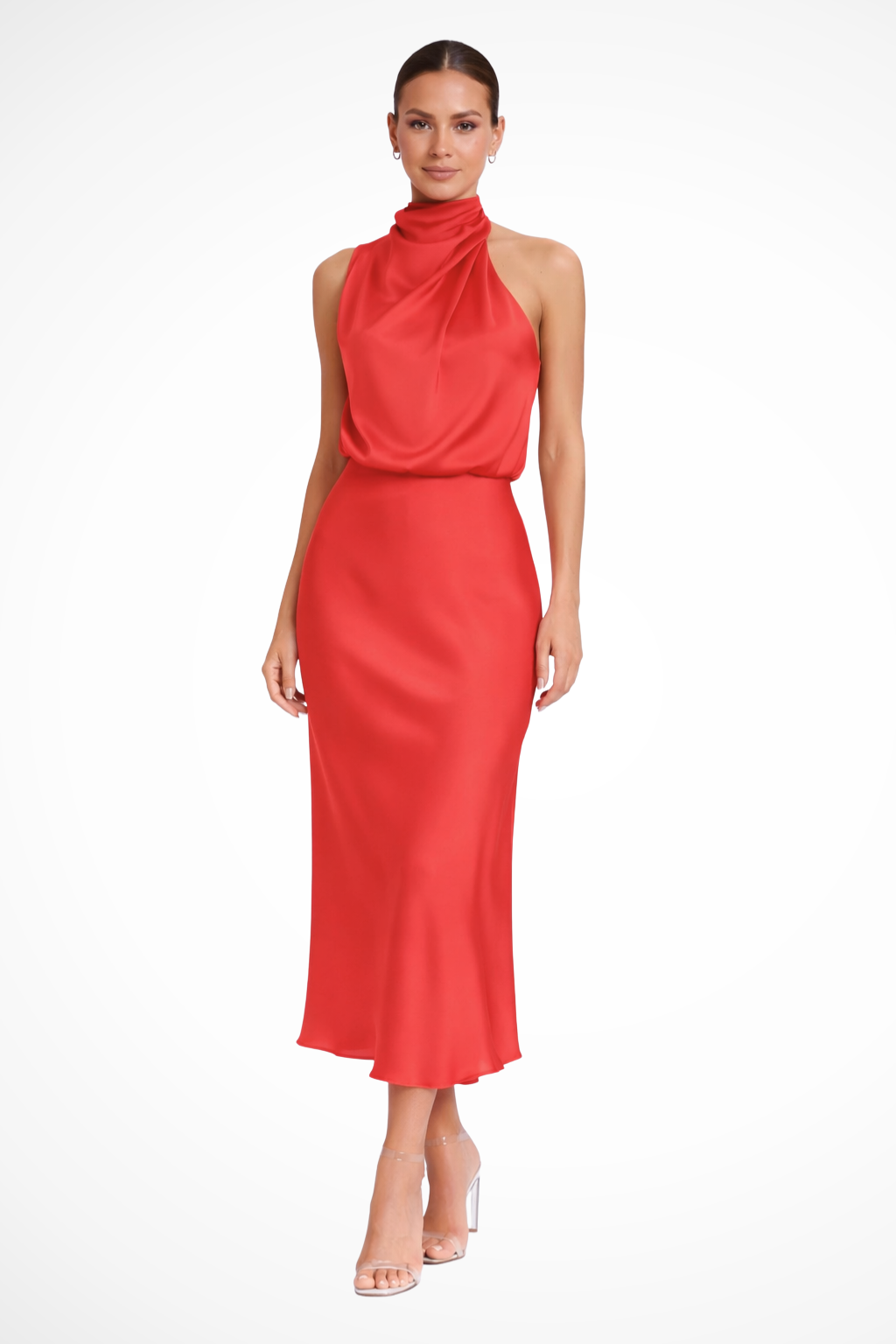 Halter Neck Satin Midi Dress for Women | Elegant Wedding Guest Attire
