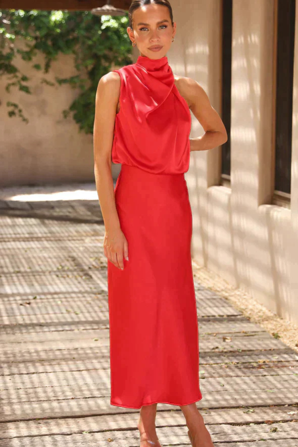 Halter Neck Satin Midi Dress for Women | Elegant Wedding Guest Attire