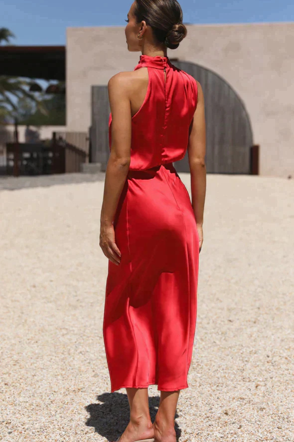 Halter Neck Satin Midi Dress for Women | Elegant Wedding Guest Attire
