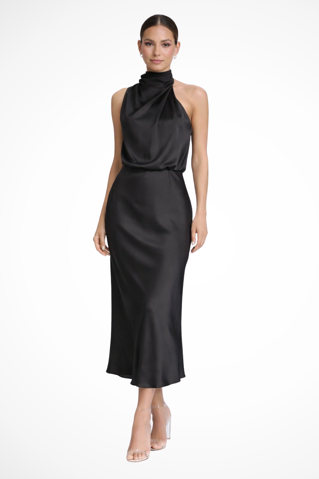 Halter Neck Satin Midi Dress for Women | Elegant Wedding Guest Attire